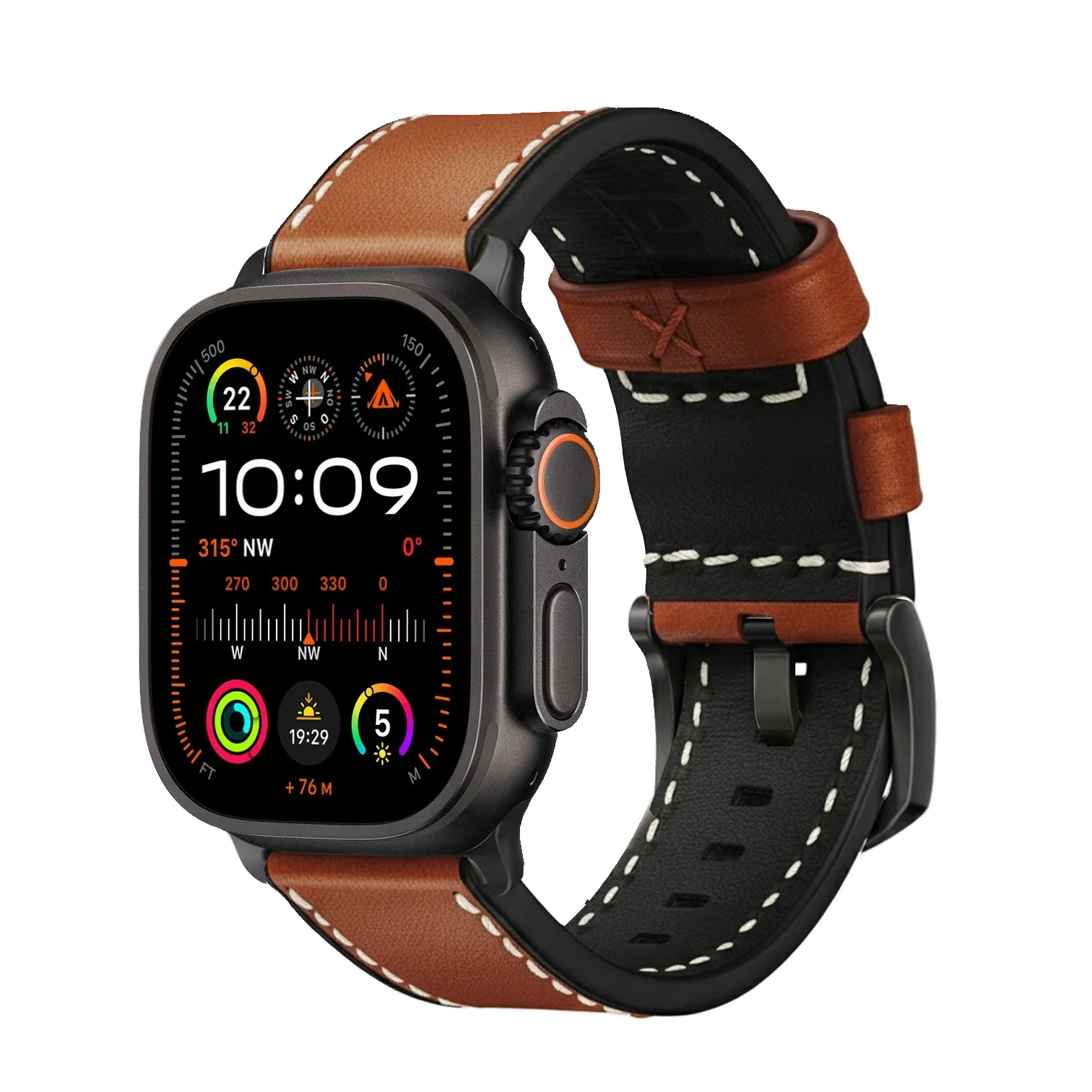 Hellbraun mit Kontrastnaht / Ultra/46mm/45mm / Schwarz Matt